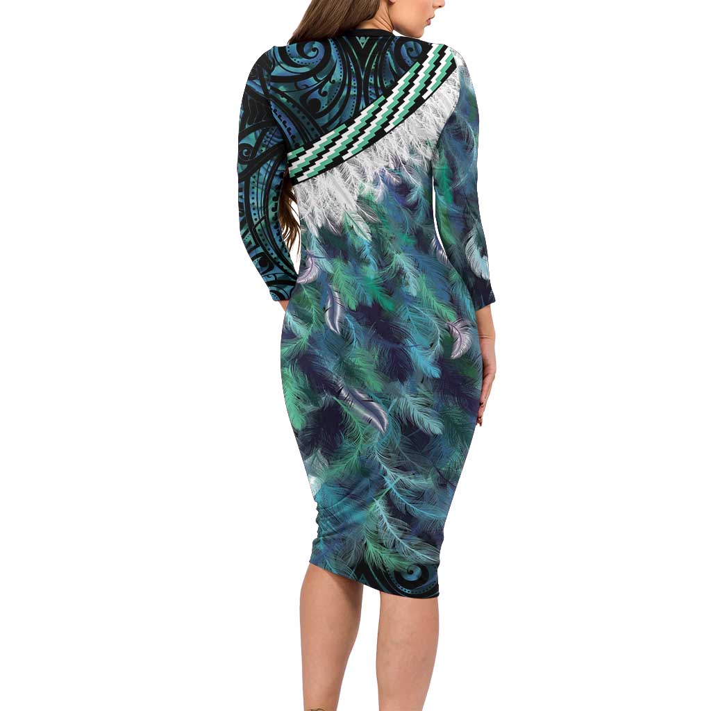 Turquoise Traditional Cloak Aotearoa Family Matching Long Sleeve Bodycon Dress and Hawaiian Shirt Maori Paua Shell Korowai Pattern LT14 - Polynesian Pride