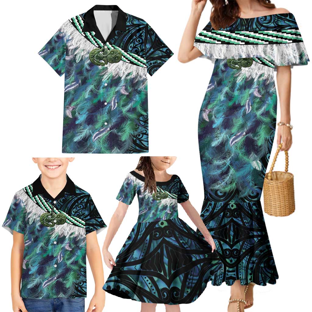 Turquoise Traditional Cloak Aotearoa Family Matching Mermaid Dress and Hawaiian Shirt Maori Paua Shell Korowai Pattern LT14 - Polynesian Pride