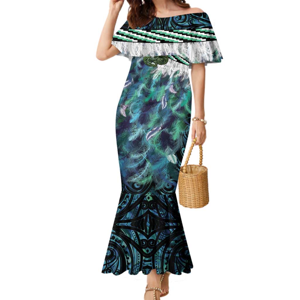 Turquoise Traditional Cloak Aotearoa Family Matching Mermaid Dress and Hawaiian Shirt Maori Paua Shell Korowai Pattern LT14 Mom's Dress Turquoise - Polynesian Pride