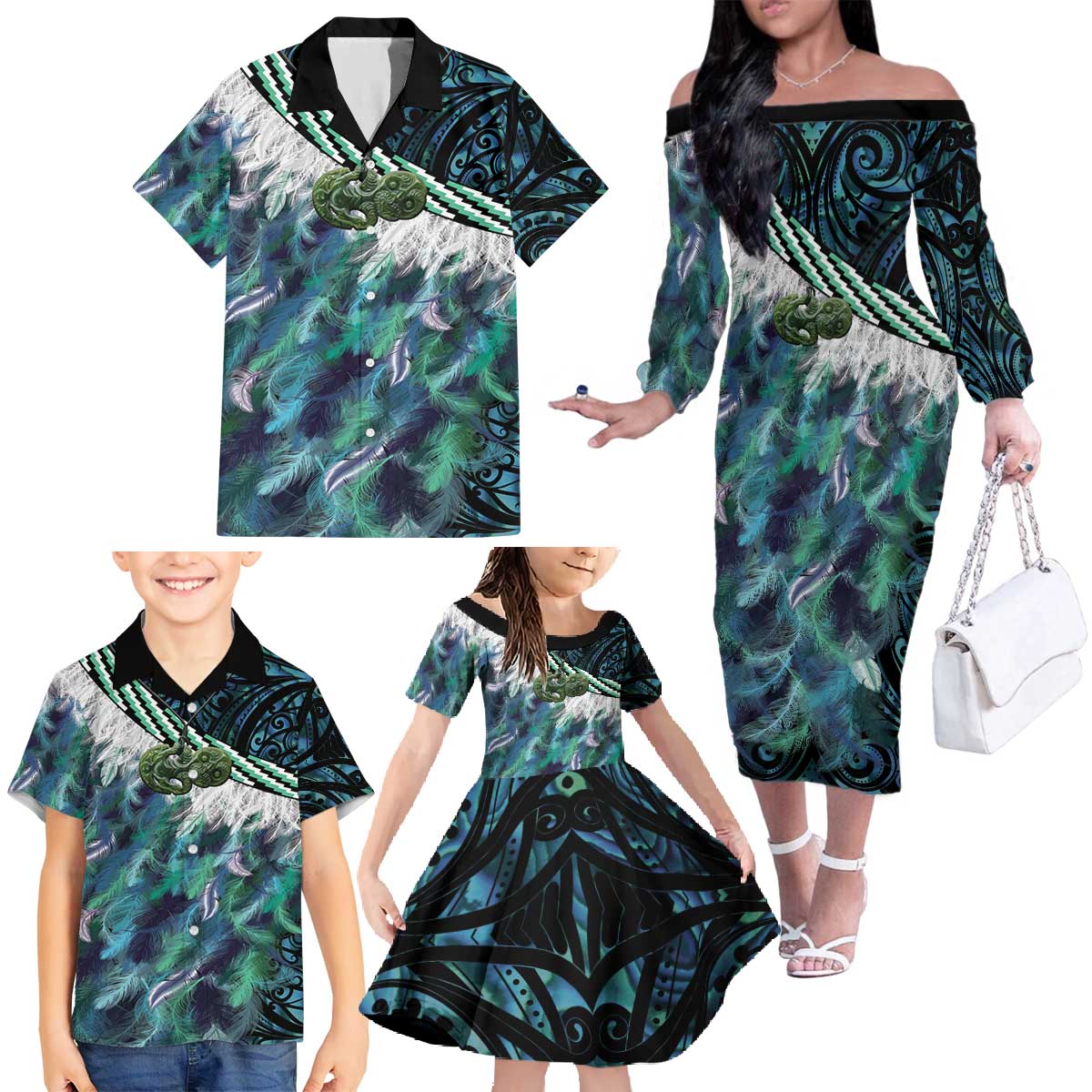 Turquoise Traditional Cloak Aotearoa Family Matching Off The Shoulder Long Sleeve Dress and Hawaiian Shirt Maori Paua Shell Korowai Pattern LT14 - Polynesian Pride