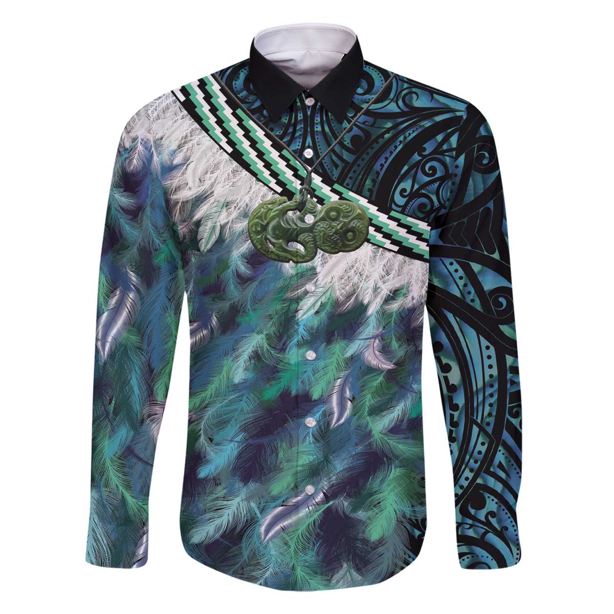 Turquoise Traditional Cloak Aotearoa Family Matching Off The Shoulder Long Sleeve Dress and Hawaiian Shirt Maori Paua Shell Korowai Pattern LT14 Dad's Shirt - Long Sleeve Turquoise - Polynesian Pride