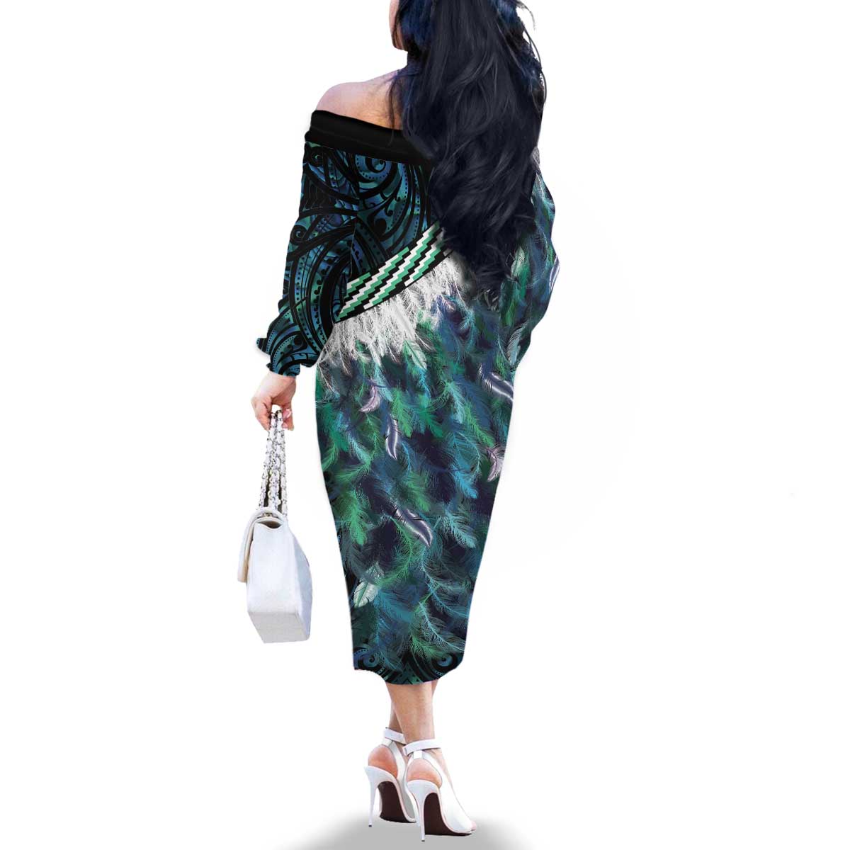 Turquoise Traditional Cloak Aotearoa Family Matching Off The Shoulder Long Sleeve Dress and Hawaiian Shirt Maori Paua Shell Korowai Pattern LT14 - Polynesian Pride