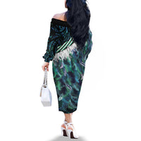 Turquoise Traditional Cloak Aotearoa Family Matching Off The Shoulder Long Sleeve Dress and Hawaiian Shirt Maori Paua Shell Korowai Pattern LT14 - Polynesian Pride