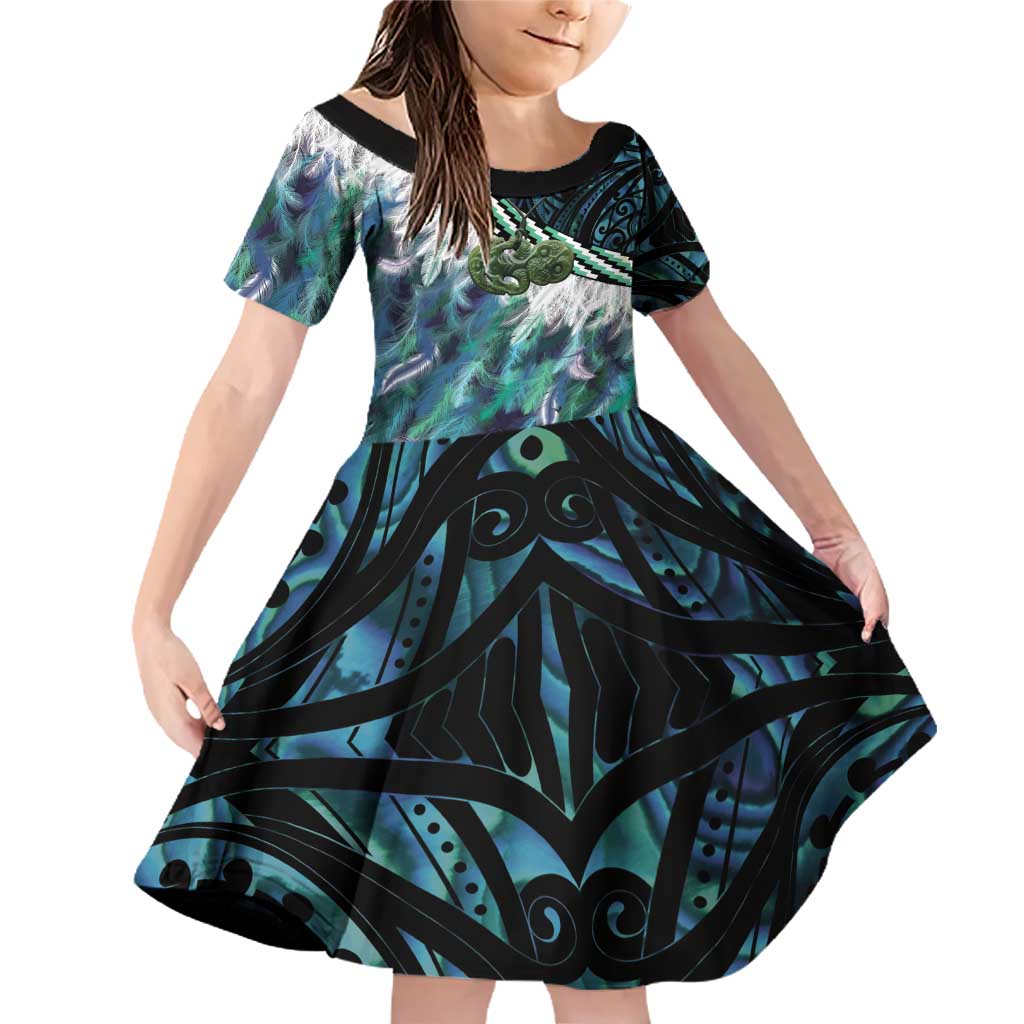 Turquoise Traditional Cloak Aotearoa Family Matching Off Shoulder Short Dress and Hawaiian Shirt Maori Paua Shell Korowai Pattern LT14 Daughter's Dress Turquoise - Polynesian Pride