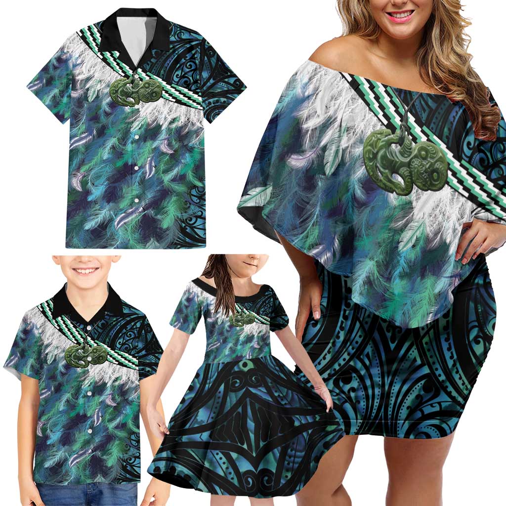 Turquoise Traditional Cloak Aotearoa Family Matching Off Shoulder Short Dress and Hawaiian Shirt Maori Paua Shell Korowai Pattern LT14 - Polynesian Pride