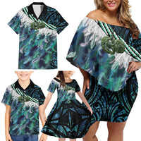 Turquoise Traditional Cloak Aotearoa Family Matching Off Shoulder Short Dress and Hawaiian Shirt Maori Paua Shell Korowai Pattern LT14 - Polynesian Pride