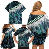 Turquoise Traditional Cloak Aotearoa Family Matching Off Shoulder Short Dress and Hawaiian Shirt Maori Paua Shell Korowai Pattern LT14 - Polynesian Pride