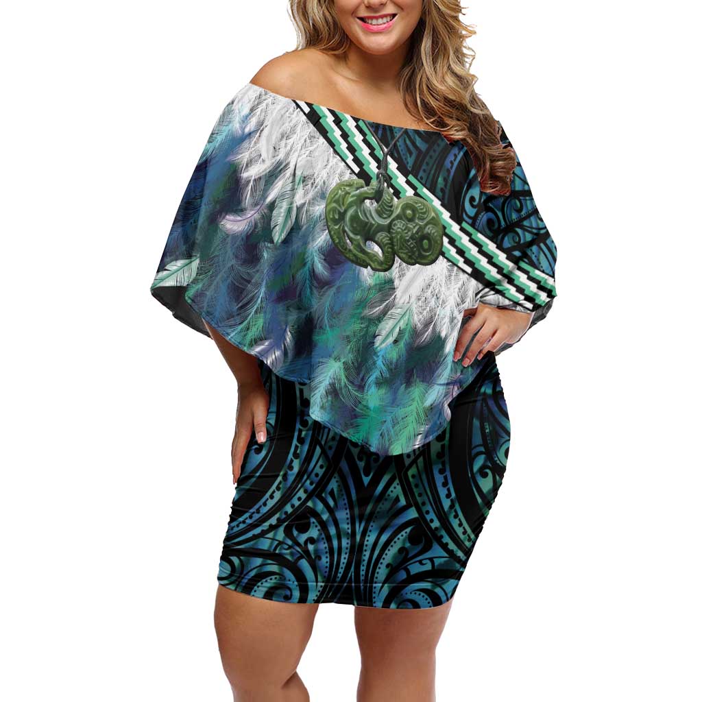Turquoise Traditional Cloak Aotearoa Family Matching Off Shoulder Short Dress and Hawaiian Shirt Maori Paua Shell Korowai Pattern LT14 Mom's Dress Turquoise - Polynesian Pride