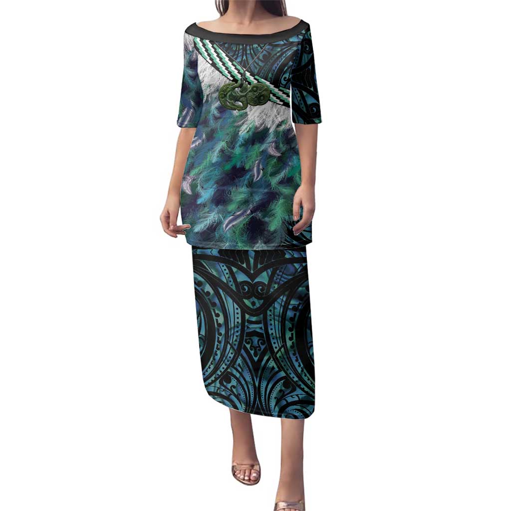 Turquoise Traditional Cloak Aotearoa Family Matching Puletasi and Hawaiian Shirt Maori Paua Shell Korowai Pattern