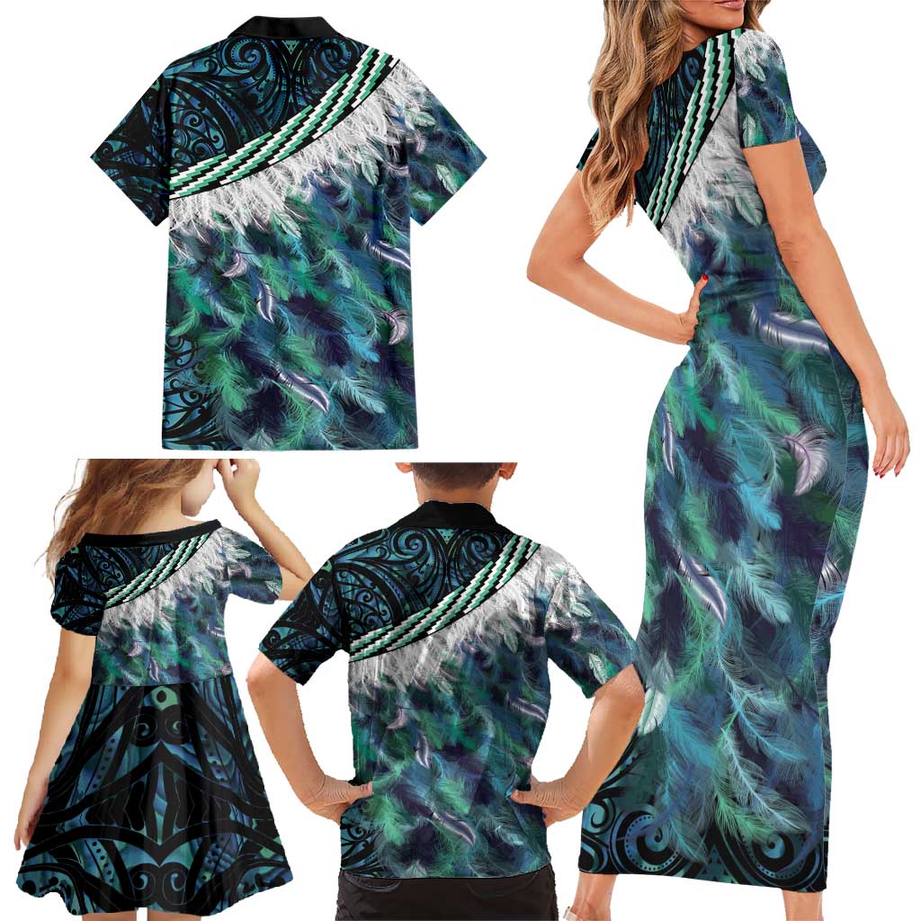 Turquoise Traditional Cloak Aotearoa Family Matching Short Sleeve Bodycon Dress and Hawaiian Shirt Maori Paua Shell Korowai Pattern LT14 - Polynesian Pride
