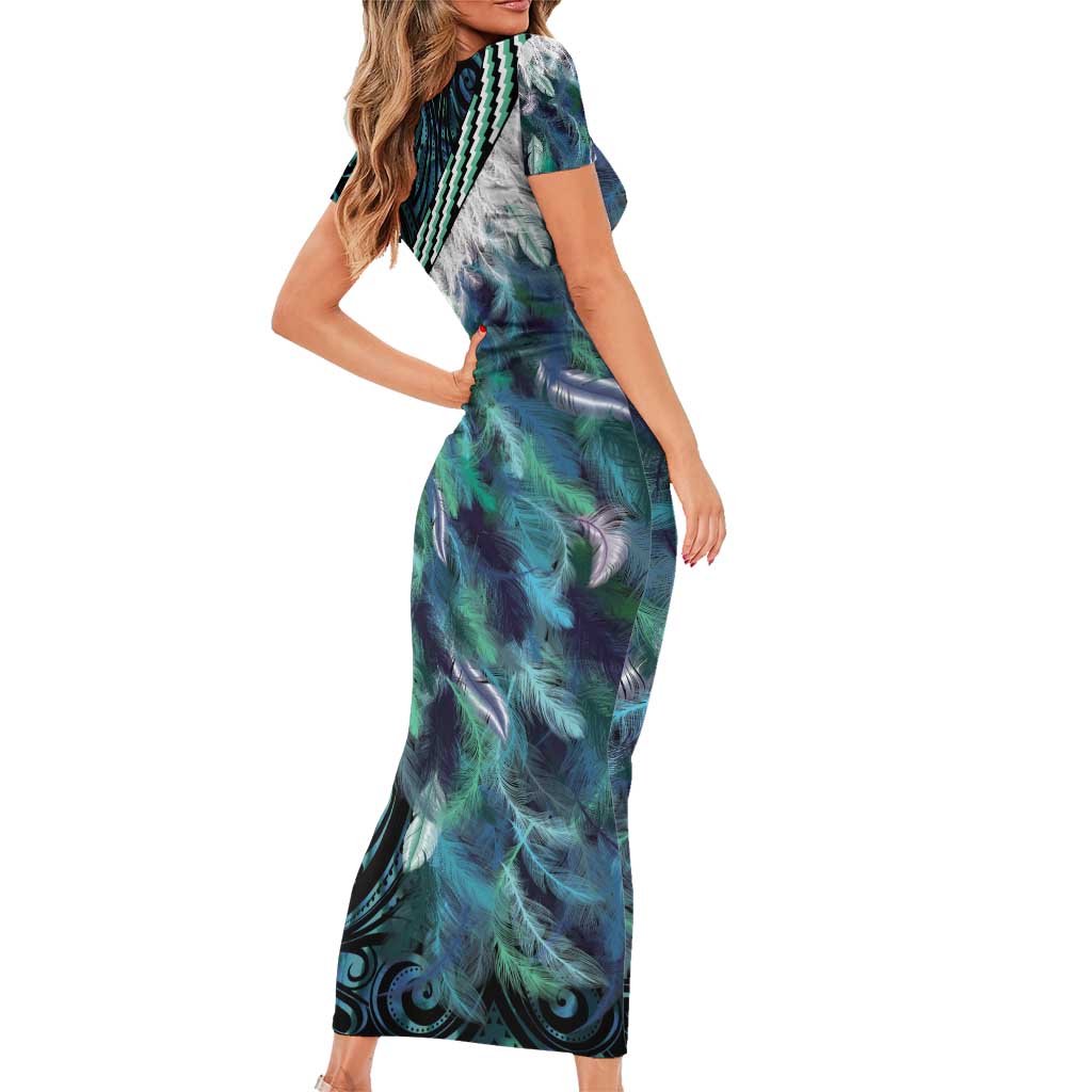 Turquoise Traditional Cloak Aotearoa Family Matching Short Sleeve Bodycon Dress and Hawaiian Shirt Maori Paua Shell Korowai Pattern LT14 - Polynesian Pride