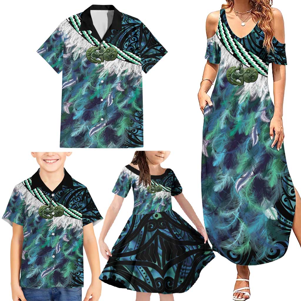 Turquoise Traditional Cloak Aotearoa Family Matching Summer Maxi Dress and Hawaiian Shirt Maori Paua Shell Korowai Pattern