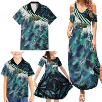 Turquoise Traditional Cloak Aotearoa Family Matching Summer Maxi Dress and Hawaiian Shirt Maori Paua Shell Korowai Pattern