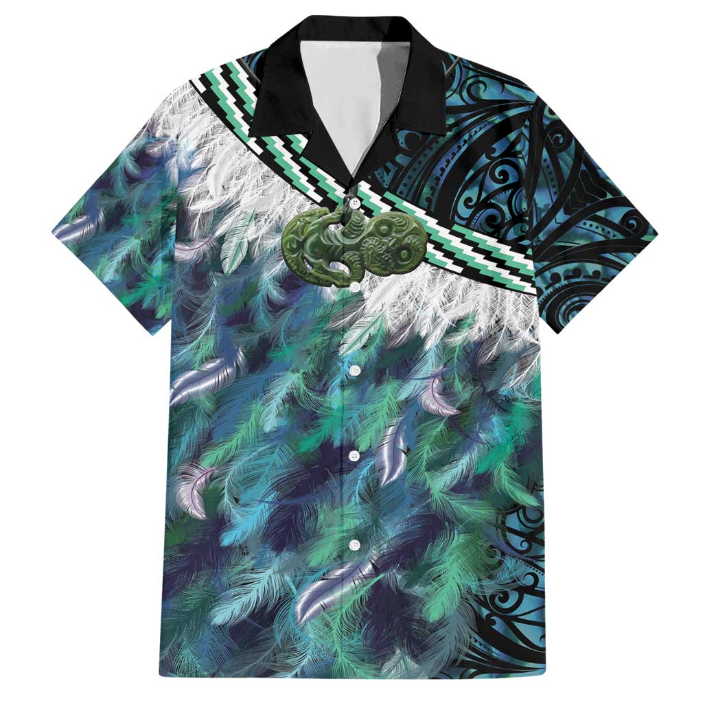 Turquoise Traditional Cloak Aotearoa Hawaiian Shirt Maori Paua Shell Korowai Pattern