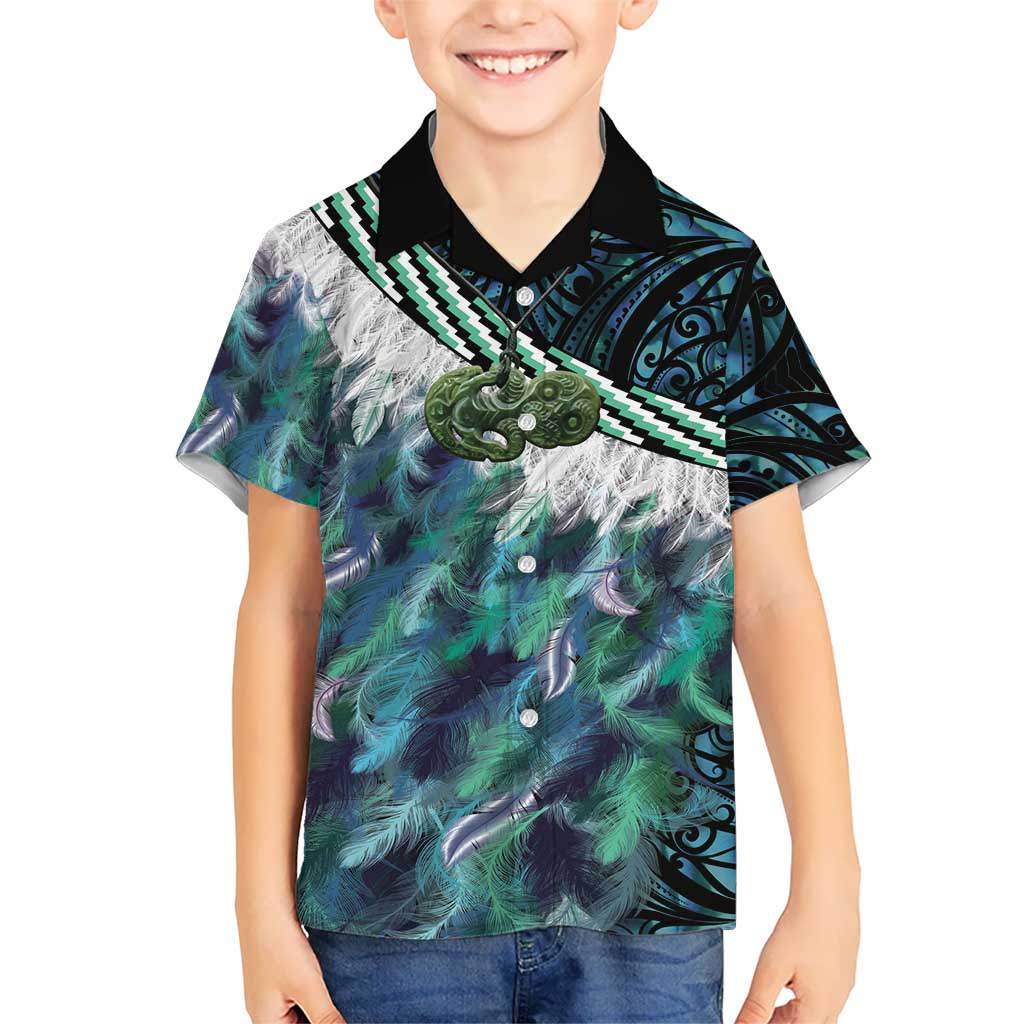 Turquoise Traditional Cloak Aotearoa Kid Hawaiian Shirt Maori Paua Shell Korowai Pattern