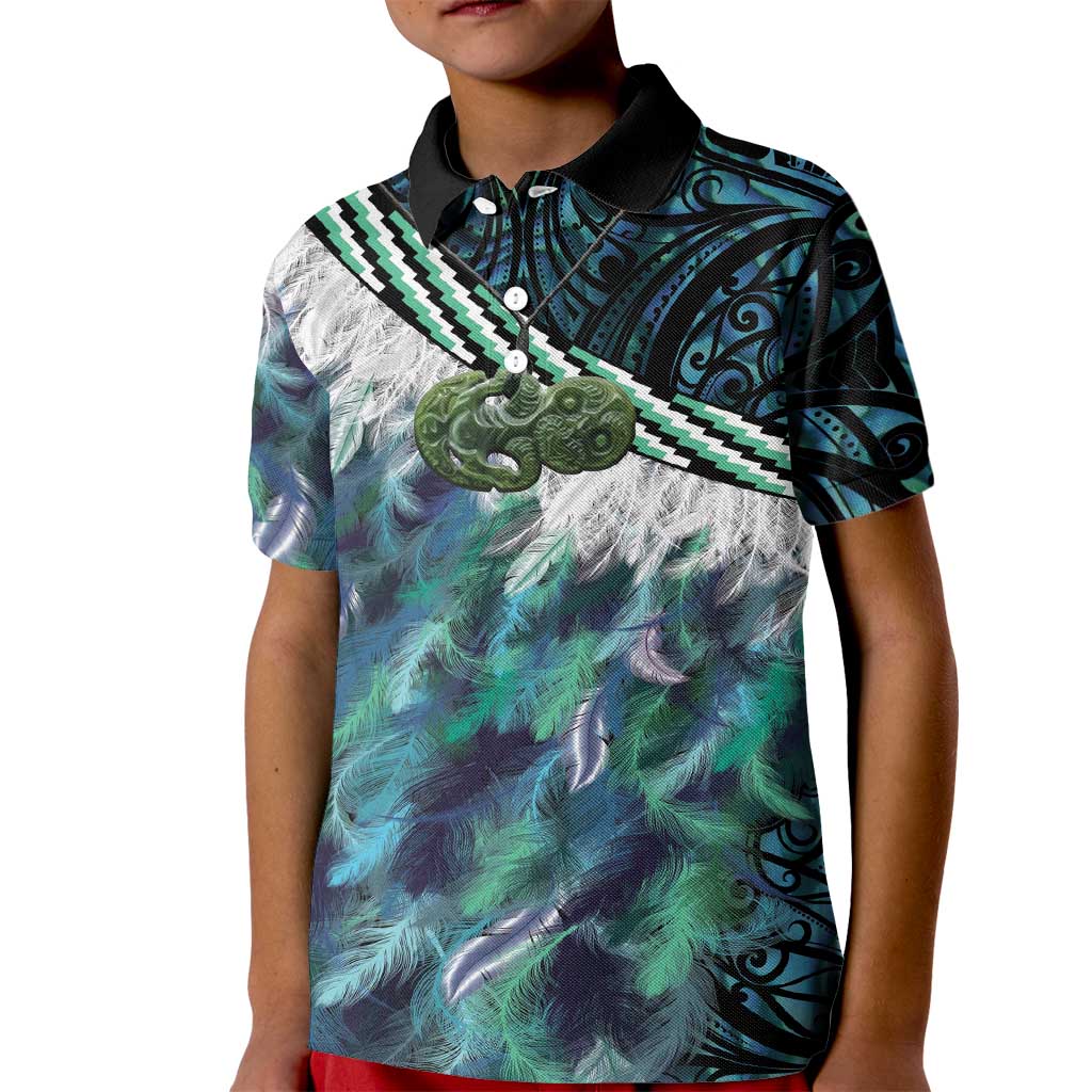 Turquoise Traditional Cloak Aotearoa Kid Polo Shirt Maori Paua Shell Korowai Pattern