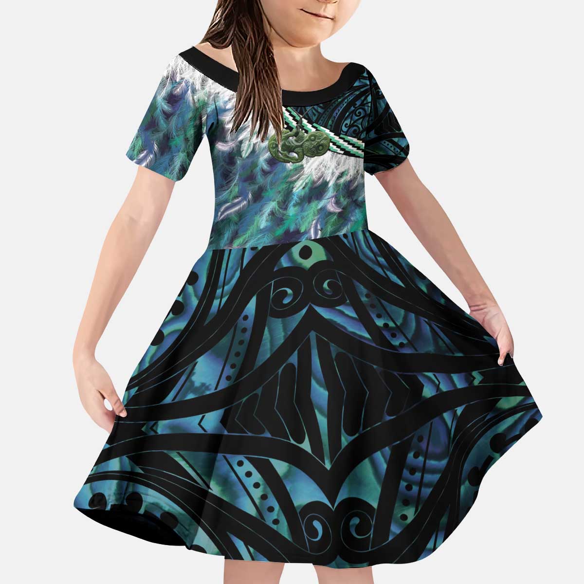 Turquoise Traditional Cloak Aotearoa Kid Short Sleeve Dress Maori Paua Shell Korowai Pattern
