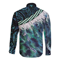 Turquoise Traditional Cloak Aotearoa Long Sleeve Button Shirt Maori Paua Shell Korowai Pattern