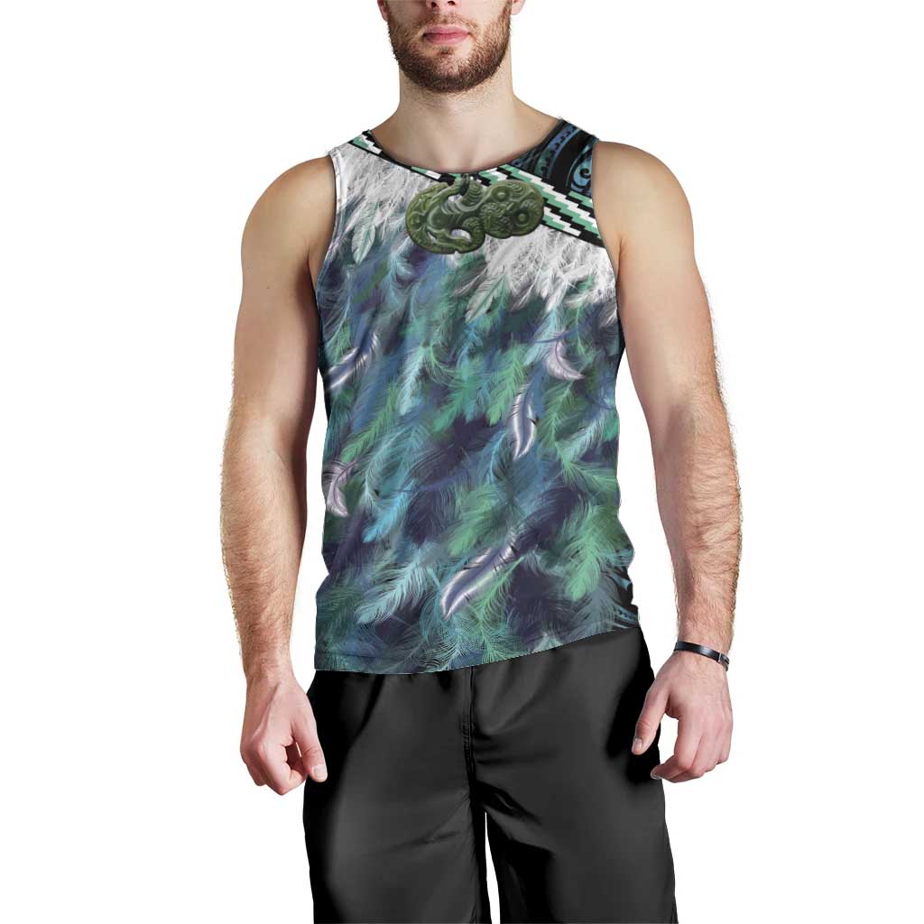 Turquoise Traditional Cloak Aotearoa Men Tank Top Maori Paua Shell Korowai Pattern