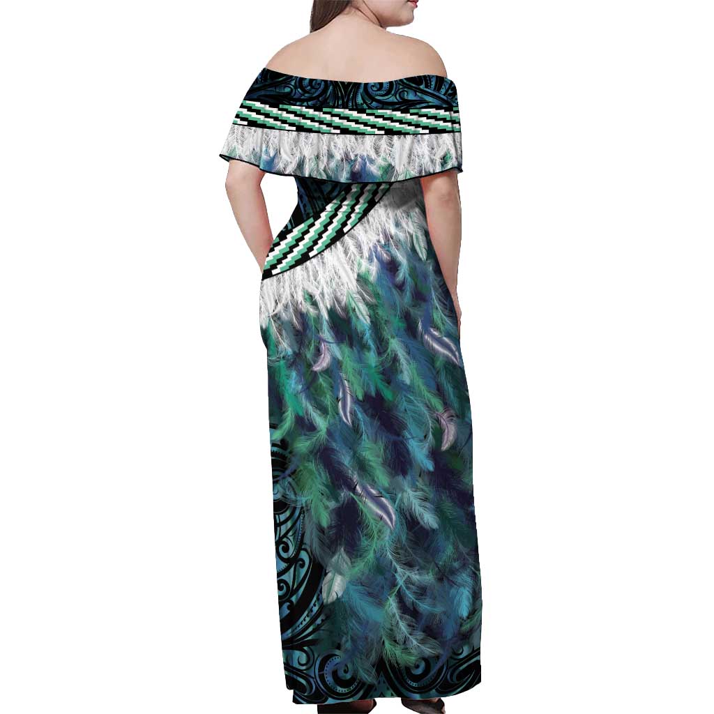 Turquoise Traditional Cloak Aotearoa Off Shoulder Maxi Dress Maori Paua Shell Korowai Pattern