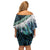 Turquoise Traditional Cloak Aotearoa Off Shoulder Short Dress Maori Paua Shell Korowai Pattern