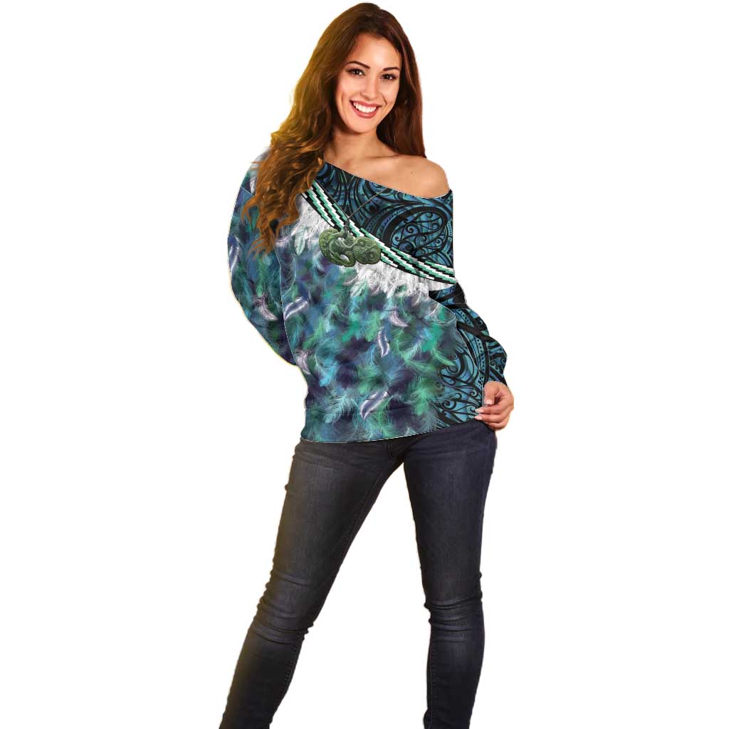Turquoise Traditional Cloak Aotearoa Off Shoulder Sweater Maori Paua Shell Korowai Pattern