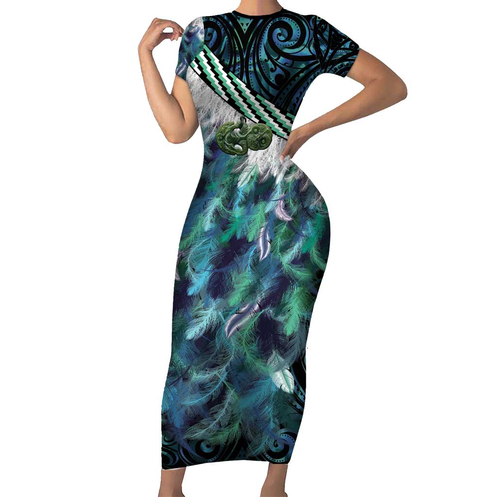 Turquoise Traditional Cloak Aotearoa Short Sleeve Bodycon Dress Maori Paua Shell Korowai Pattern