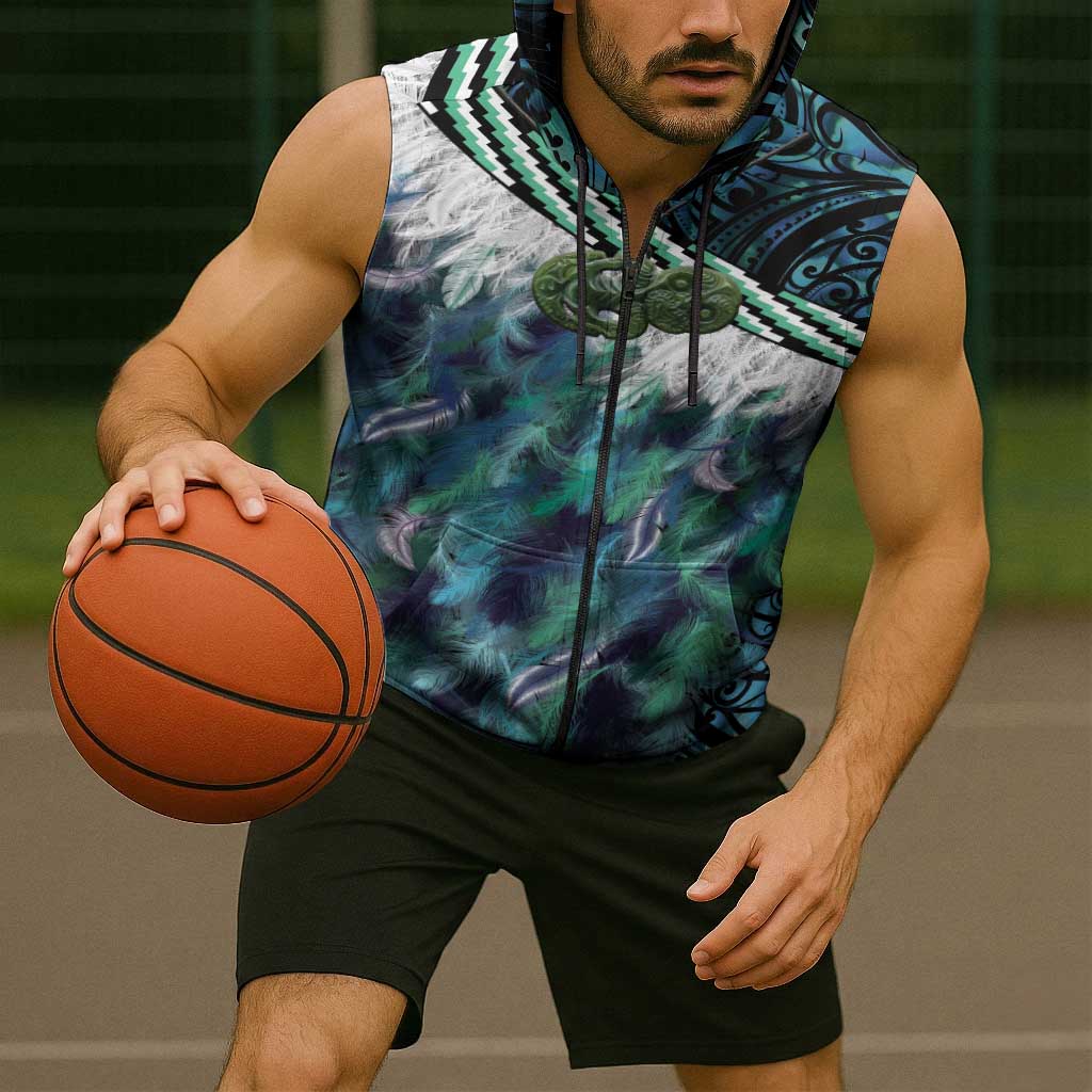 Turquoise Traditional Cloak Aotearoa Sleeveless Zip Hoodie Maori Paua Shell Korowai Pattern - Polynesian Pride