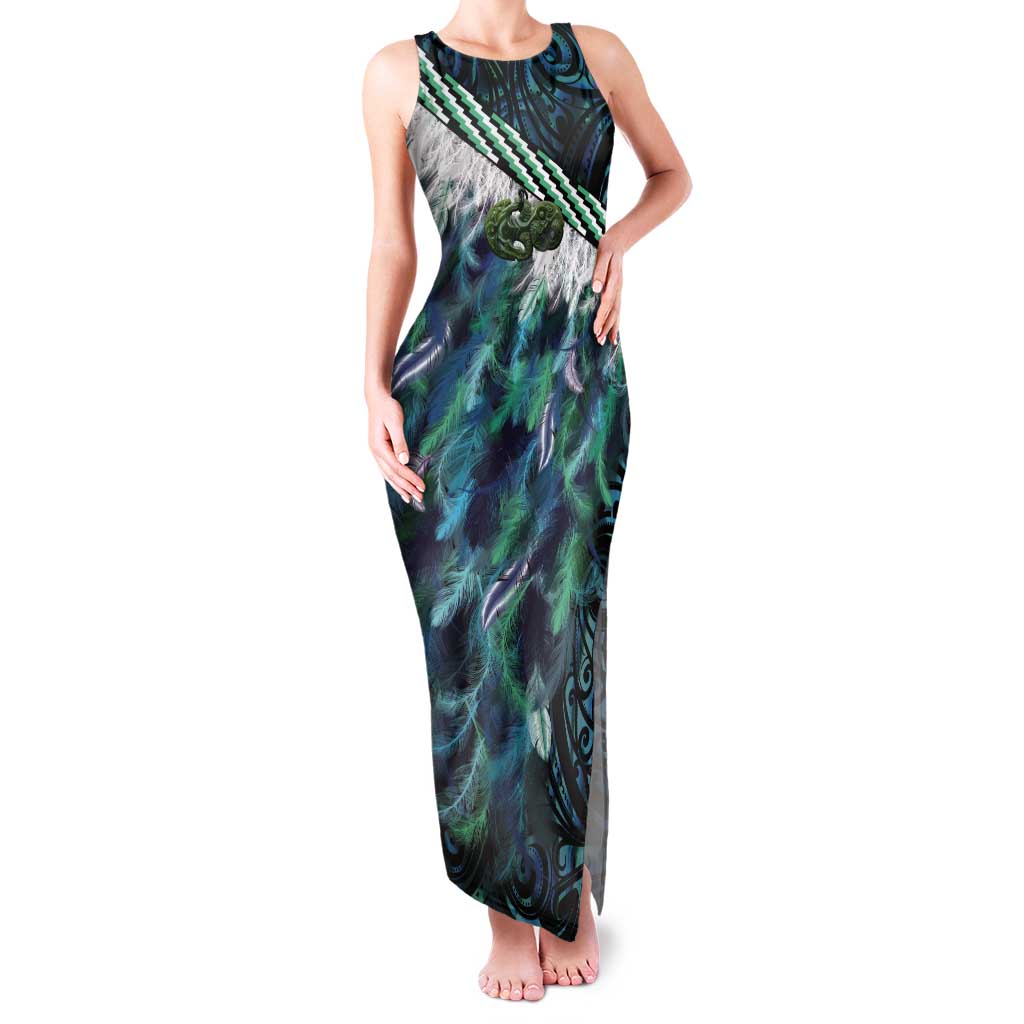 Turquoise Traditional Cloak Aotearoa Tank Maxi Dress Maori Paua Shell Korowai Pattern