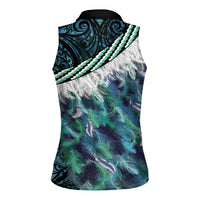 Turquoise Traditional Cloak Aotearoa Women Sleeveless Polo Shirt Maori Paua Shell Korowai Pattern