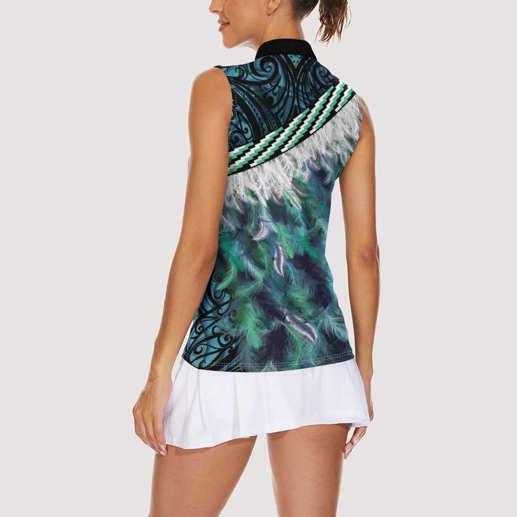 Turquoise Traditional Cloak Aotearoa Women Sleeveless Polo Shirt Maori Paua Shell Korowai Pattern