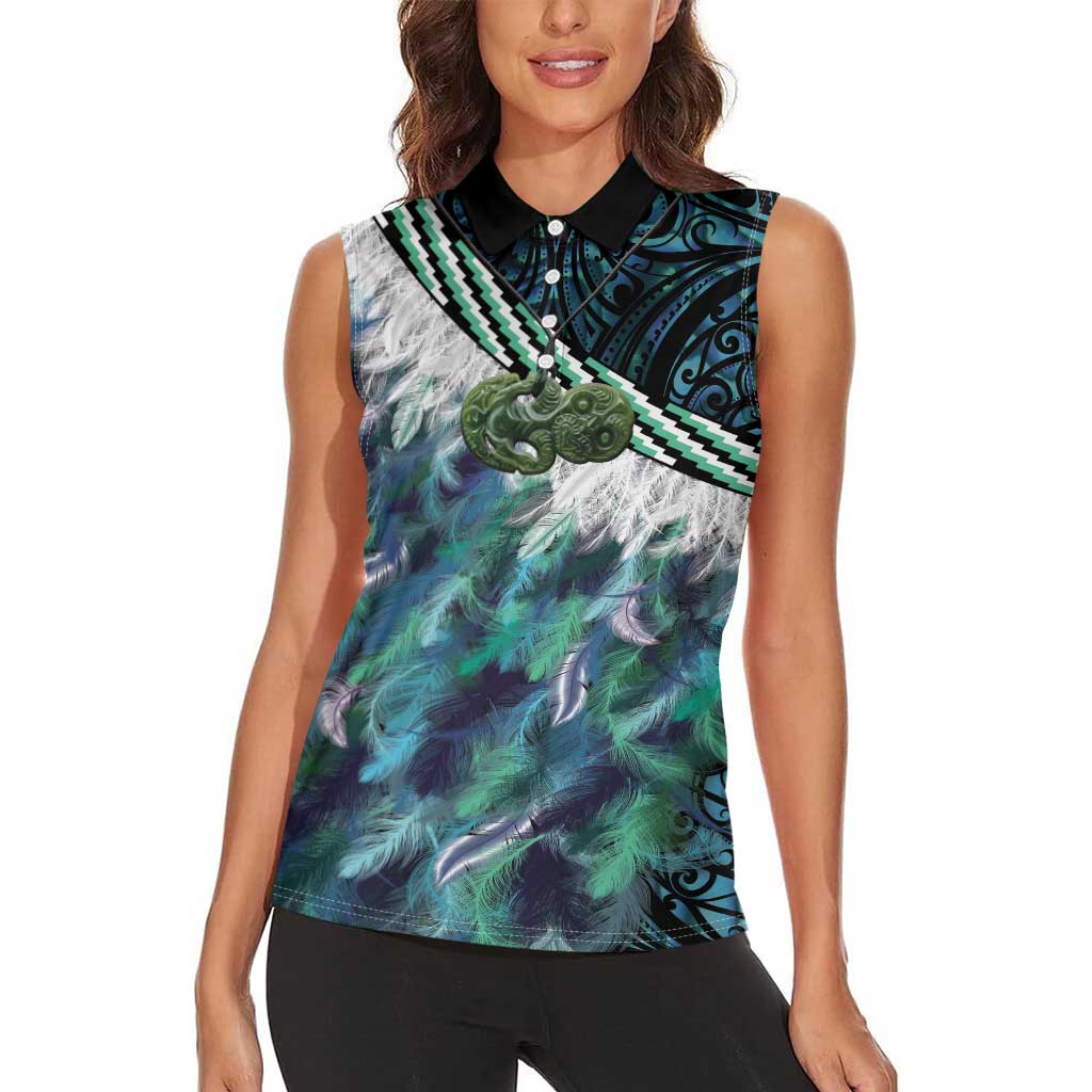 Turquoise Traditional Cloak Aotearoa Women Sleeveless Polo Shirt Maori Paua Shell Korowai Pattern