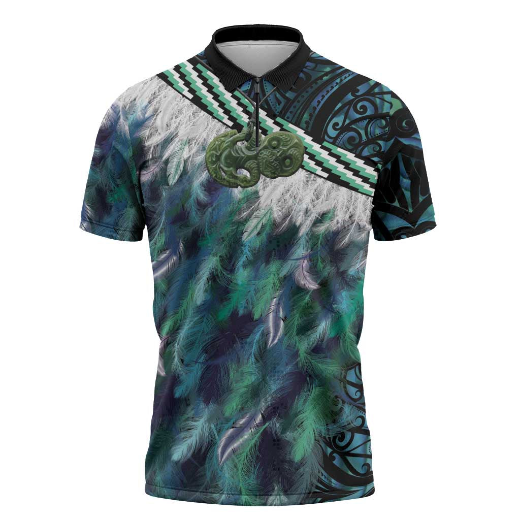Turquoise Traditional Cloak Aotearoa Zipper Polo Shirt Maori Paua Shell Korowai Pattern - Polynesian Pride