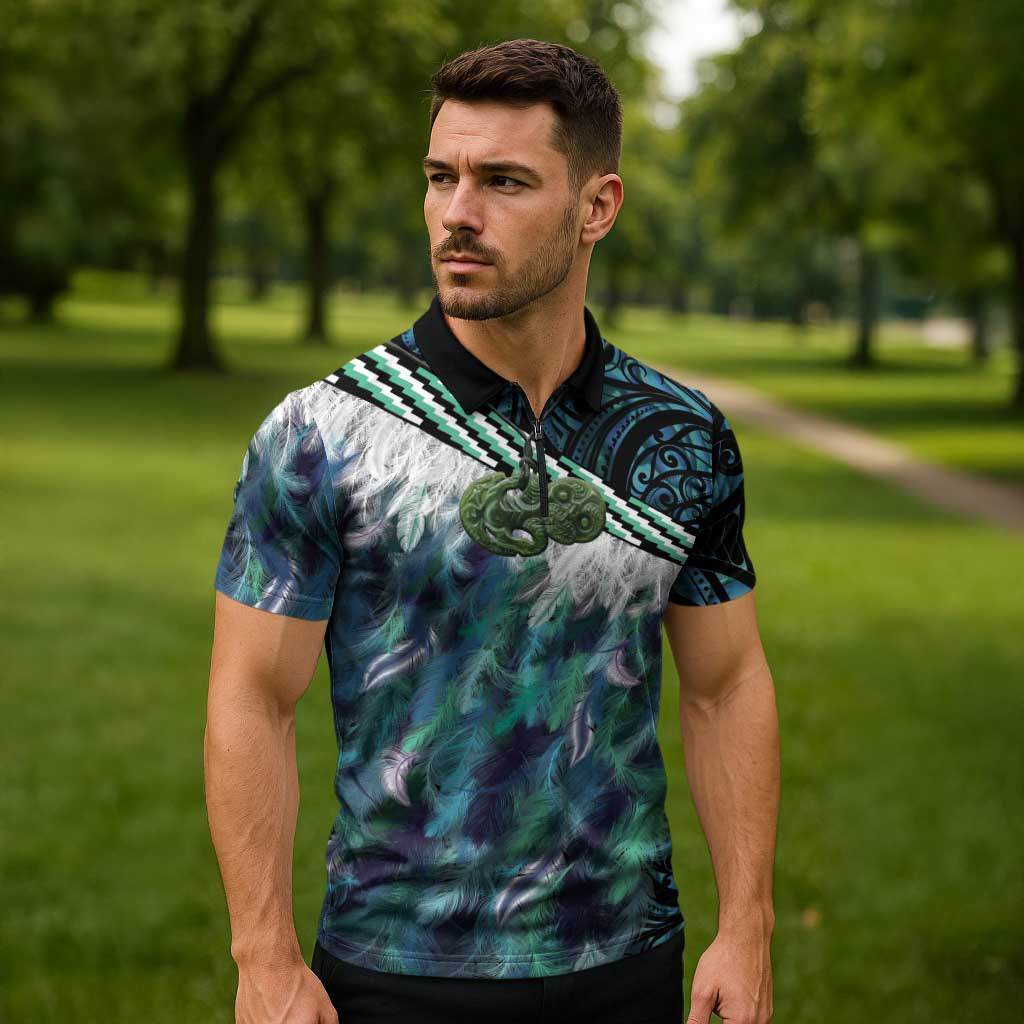 Turquoise Traditional Cloak Aotearoa Zipper Polo Shirt Maori Paua Shell Korowai Pattern - Polynesian Pride