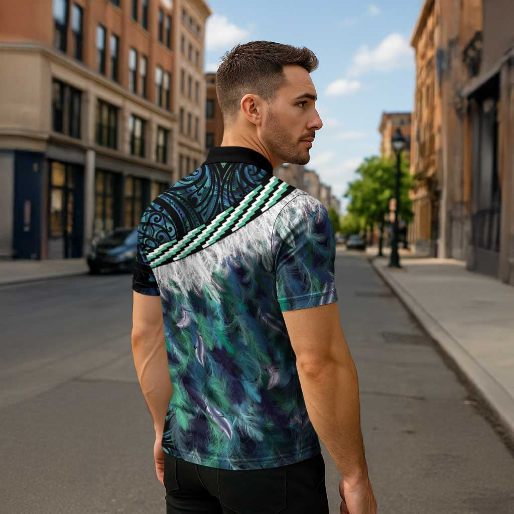 Turquoise Traditional Cloak Aotearoa Zipper Polo Shirt Maori Paua Shell Korowai Pattern - Polynesian Pride