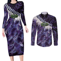Purple Traditional Cloak Aotearoa Couples Matching Long Sleeve Bodycon Dress and Long Sleeve Button Shirt Maori Paua Shell Korowai Pattern
