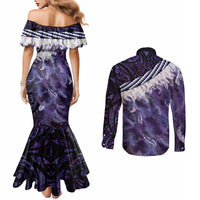 Purple Traditional Cloak Aotearoa Couples Matching Mermaid Dress and Long Sleeve Button Shirt Maori Paua Shell Korowai Pattern