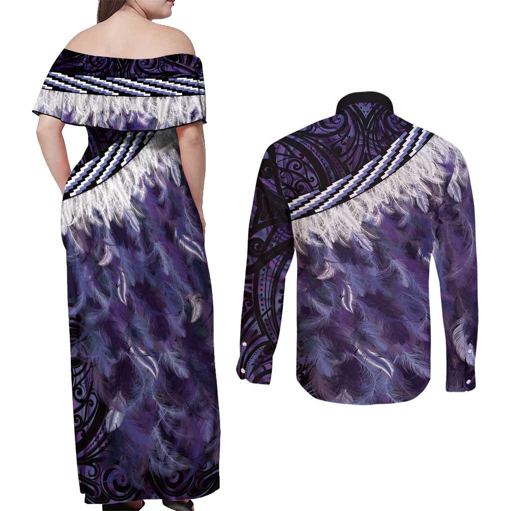 Purple Traditional Cloak Aotearoa Couples Matching Off Shoulder Maxi Dress and Long Sleeve Button Shirt Maori Paua Shell Korowai Pattern
