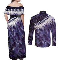 Purple Traditional Cloak Aotearoa Couples Matching Off Shoulder Maxi Dress and Long Sleeve Button Shirt Maori Paua Shell Korowai Pattern