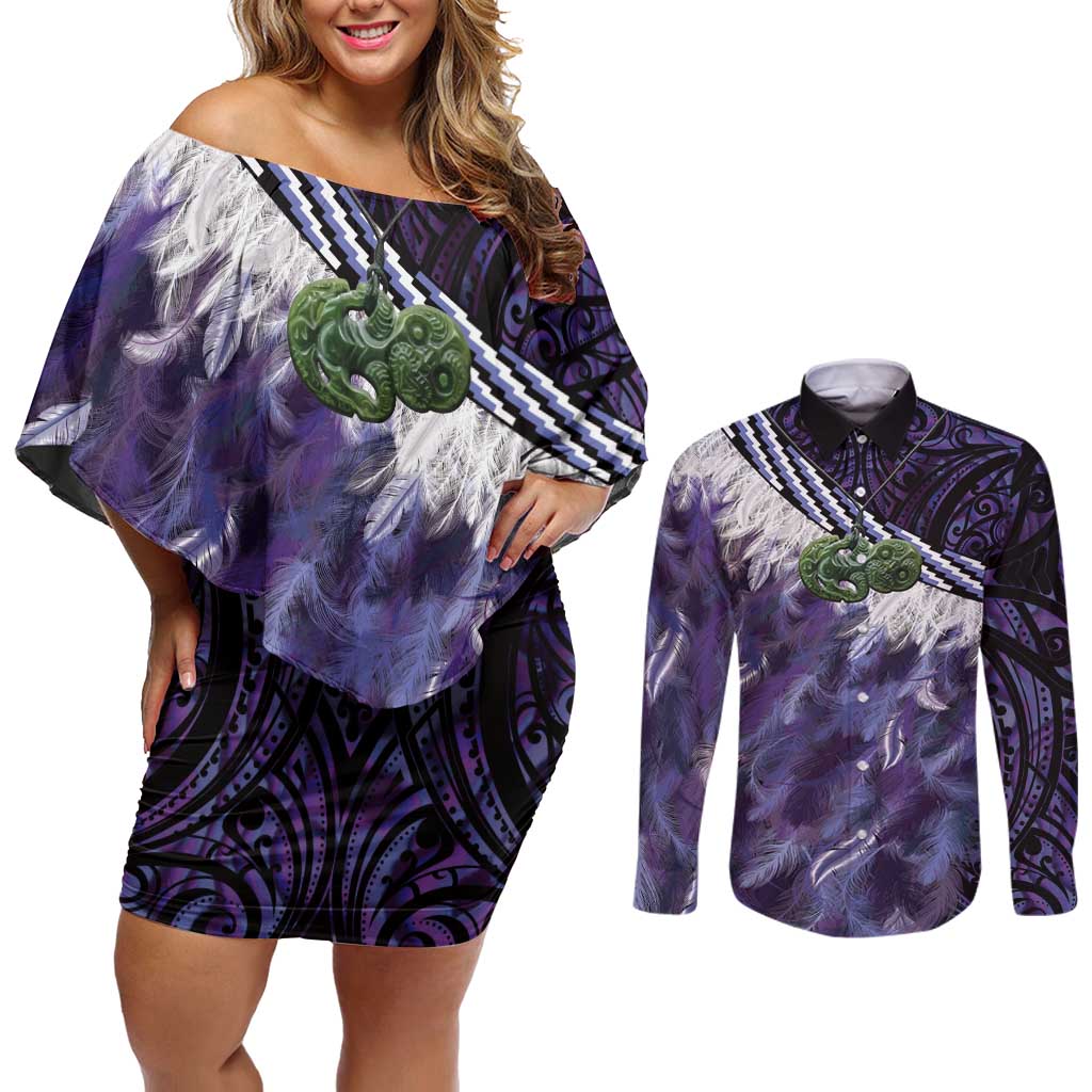 Purple Traditional Cloak Aotearoa Couples Matching Off Shoulder Short Dress and Long Sleeve Button Shirt Maori Paua Shell Korowai Pattern