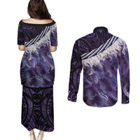 Purple Traditional Cloak Aotearoa Couples Matching Puletasi and Long Sleeve Button Shirt Maori Paua Shell Korowai Pattern