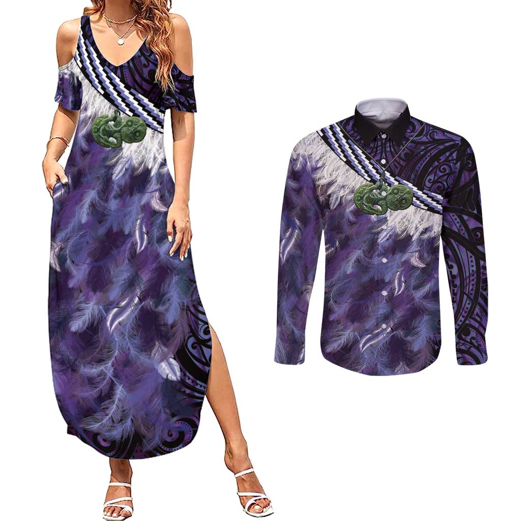 Purple Traditional Cloak Aotearoa Couples Matching Summer Maxi Dress and Long Sleeve Button Shirt Maori Paua Shell Korowai Pattern