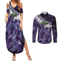 Purple Traditional Cloak Aotearoa Couples Matching Summer Maxi Dress and Long Sleeve Button Shirt Maori Paua Shell Korowai Pattern