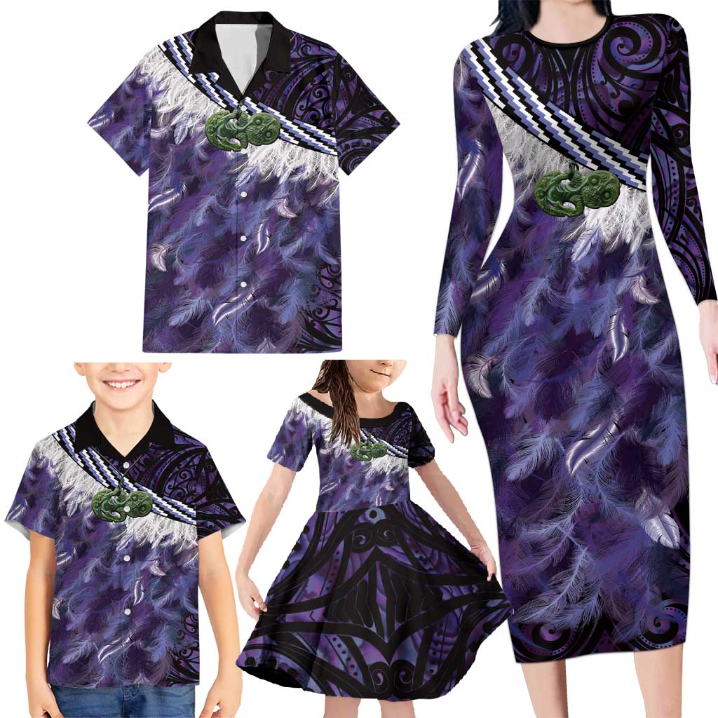 Purple Traditional Cloak Aotearoa Family Matching Long Sleeve Bodycon Dress and Hawaiian Shirt Maori Paua Shell Korowai Pattern LT14 - Polynesian Pride
