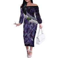 Purple Traditional Cloak Aotearoa Family Matching Off The Shoulder Long Sleeve Dress and Hawaiian Shirt Maori Paua Shell Korowai Pattern LT14 Mom's Dress Purple - Polynesian Pride