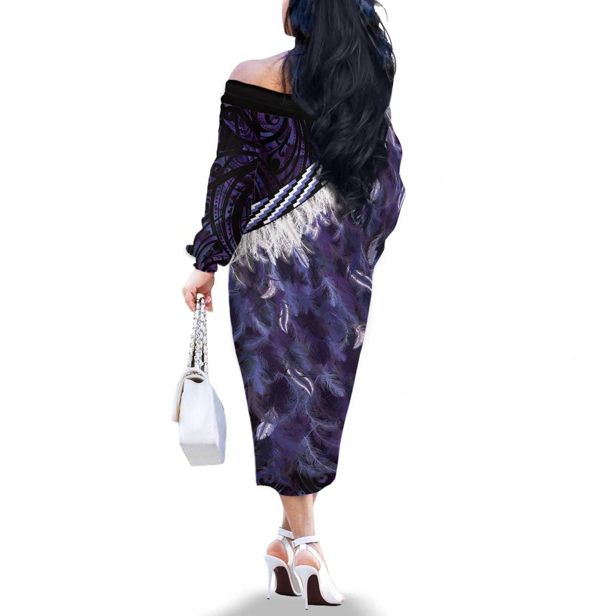 Purple Traditional Cloak Aotearoa Family Matching Off The Shoulder Long Sleeve Dress and Hawaiian Shirt Maori Paua Shell Korowai Pattern LT14 - Polynesian Pride