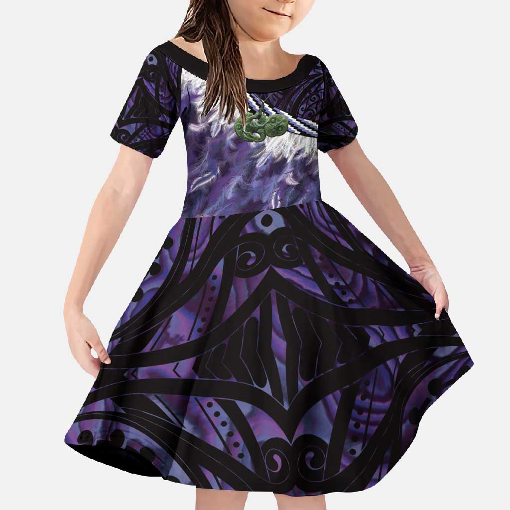 Purple Traditional Cloak Aotearoa Family Matching Off Shoulder Maxi Dress and Hawaiian Shirt Maori Paua Shell Korowai Pattern LT14 Daughter's Dress Purple - Polynesian Pride