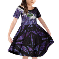 Purple Traditional Cloak Aotearoa Family Matching Off Shoulder Short Dress and Hawaiian Shirt Maori Paua Shell Korowai Pattern LT14 Daughter's Dress Purple - Polynesian Pride