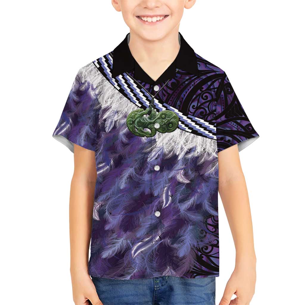 Purple Traditional Cloak Aotearoa Family Matching Off Shoulder Short Dress and Hawaiian Shirt Maori Paua Shell Korowai Pattern LT14 Son's Shirt Purple - Polynesian Pride