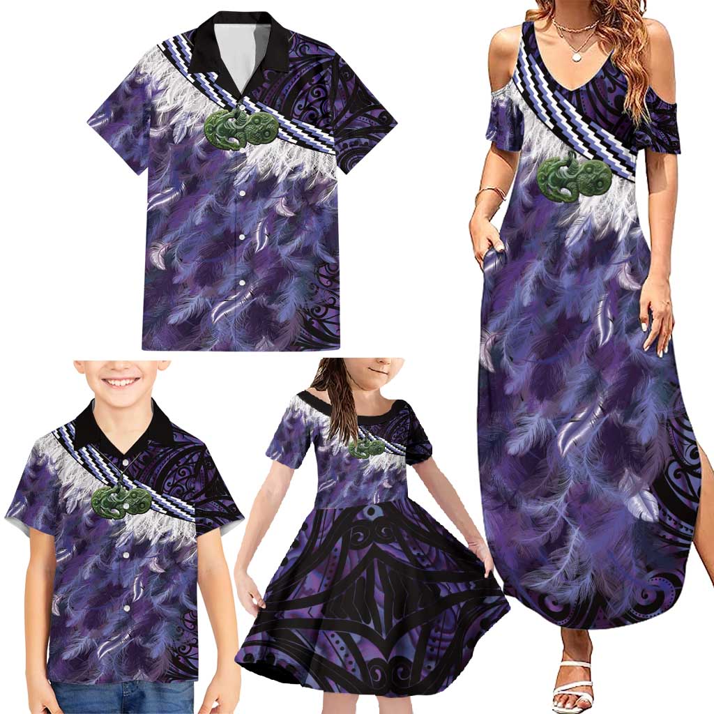 Purple Traditional Cloak Aotearoa Family Matching Summer Maxi Dress and Hawaiian Shirt Maori Paua Shell Korowai Pattern LT14 - Polynesian Pride